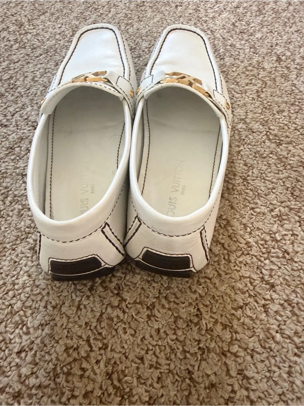 Louis Vuitton White Leather Loafers with Gold LV Hardware